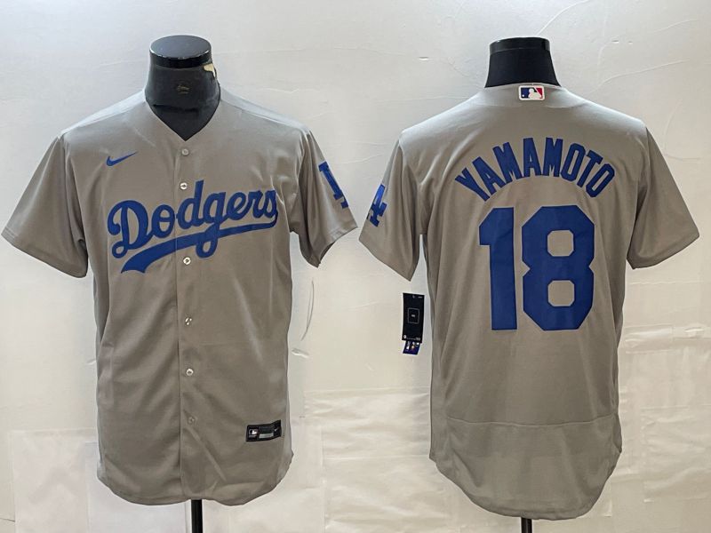 Men Los Angeles Dodgers #18 Yamamoto Grey Nike Elite MLB Jersey style 1